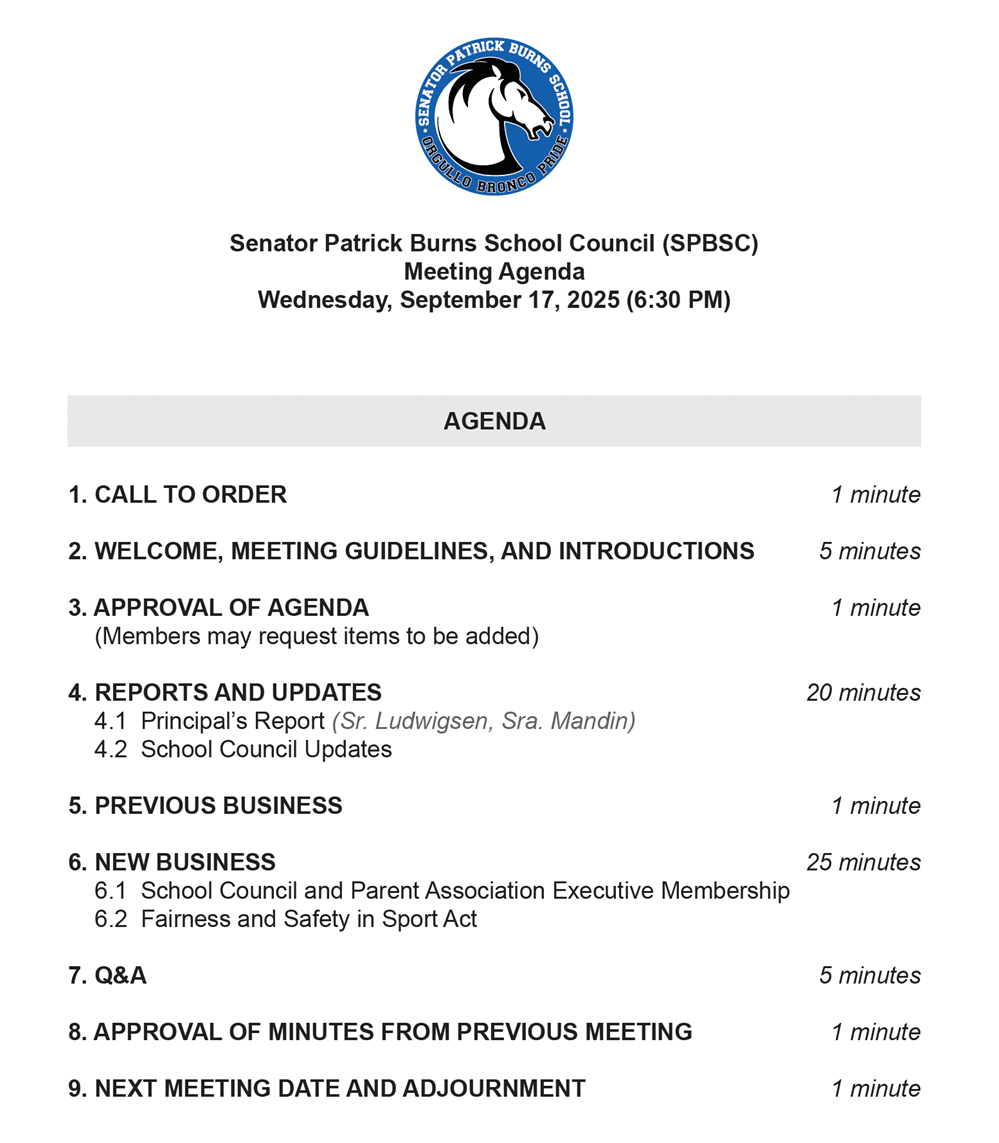 Senator Patrick Burns School Council Meeting Agenda